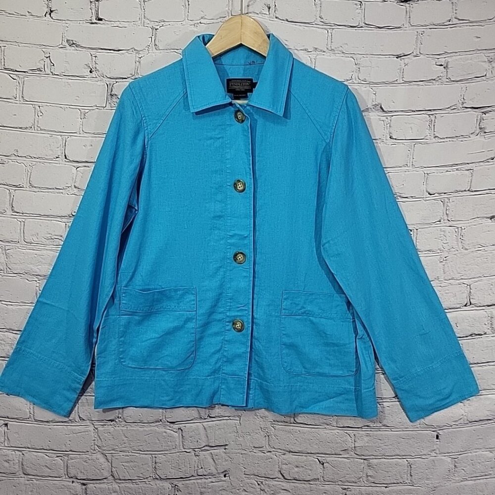 Vintage Pendleton Blazer Linen Blend Women’s S Small Button Up Teal Blue Jacket